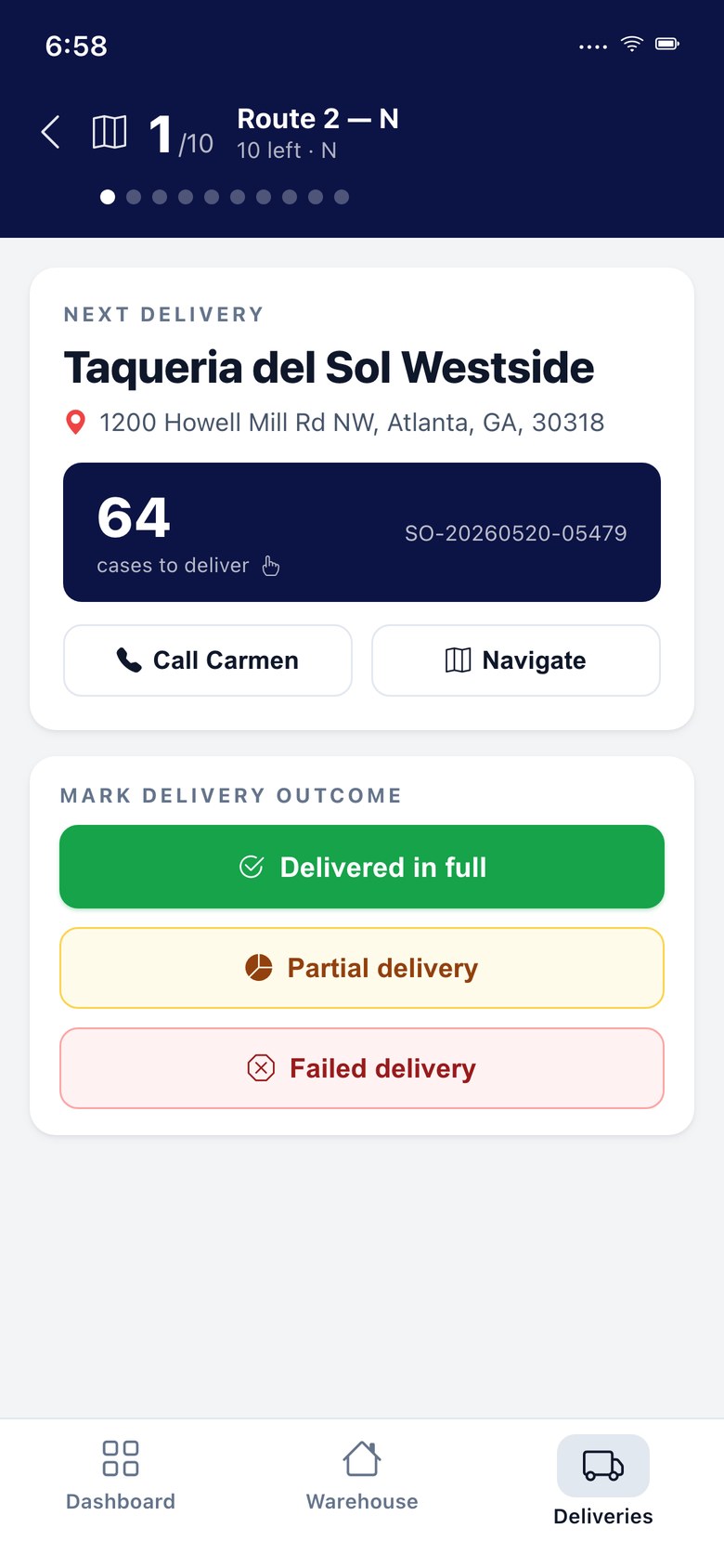 Driver app recording the outcome at the stop