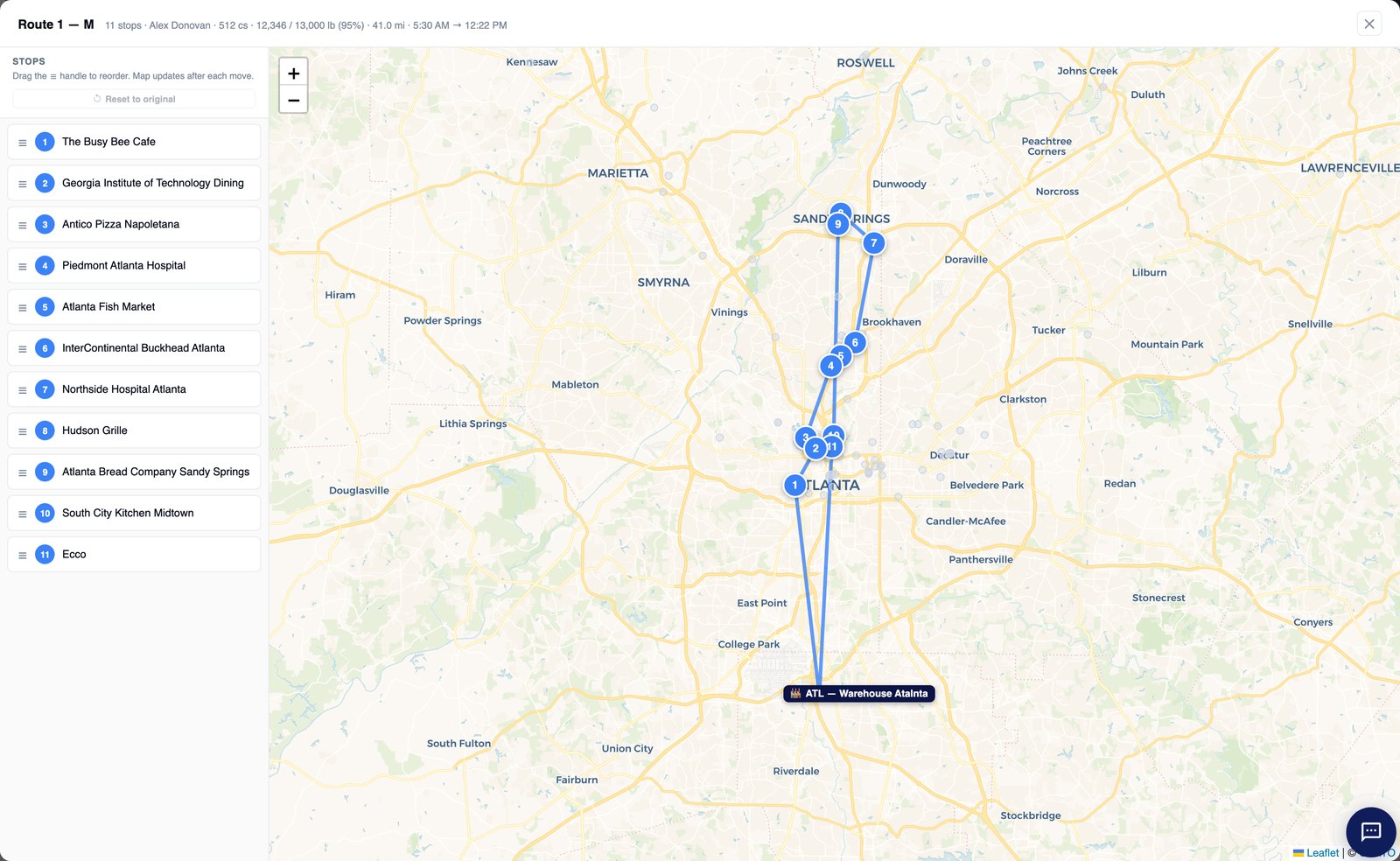 A route day's stops in sequence on the map